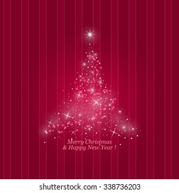 Bright Stylized Christmas Tree of Lights  on a Striped Pink Background, Merry Christmas and Happy New Year,  Vector Illustration