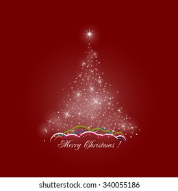 Bright Stylized Christmas Tree of Lights on Red Background , Colorful Snow Drifts, Merry Christmas,  Vector Illustration