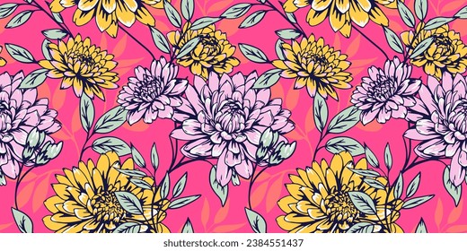 Bright stylized floral branches seamless pattern. Vector hand drawn. Abstract creative flowers pink print. Template for design, textile, fashion, print, surface design, fabric