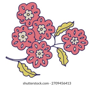 Brilhante aglomerado floral estilizado com folhas arrojadas em estilo decorativo desenhado à mão, isolado no fundo branco, ilustração vetorial ideal para projetos florais criativos.
