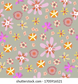 Bright stylized flowers seamless pattern on a pale green background.