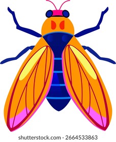 Una mosca estilizada brillante con alas anaranjadas.