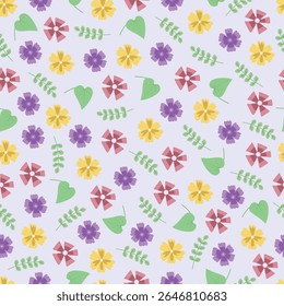 Bright stylized summer flowers. Floral vector seamless pattern. Allover print flowery surface design of purple and pink flowers and palm leaves on cream color background.