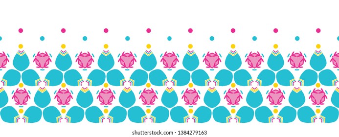 Bright stylized tulip flowers eamless vector border pattern. Geometric summer floral washi tape edging. Pretty 1950s retro feminine fashion style. Trendy ribbon trim, fresh pink teal banner backdrop