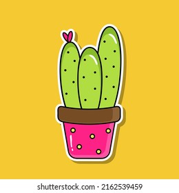 Bright succulent cactus grows in a polka dot pot with flower and glare. Illustration for stickers, books, patterns