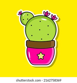 El cactus succulento brillante crece con flores y resplandor. Ilustración de pegatinas, libros, patrones