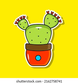Bright succulent cactus grows pot with flower and glare. Illustration for stickers, books, patterns