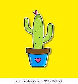 Bright succulent cactus grows pot with flower and glare. Illustration for stickers, books, patterns