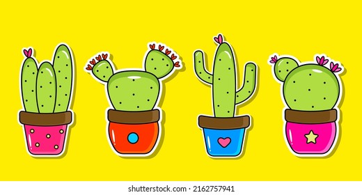 Bright succulent cactus set grows in pot with flower and glare. Illustration for stickers, books, patterns