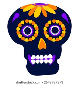 Crânio de açúcar brilhante com flores em estilo mexicano Dia dos Mortos. Vetor plano decorativo.