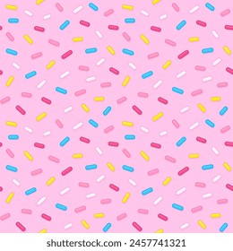 El azúcar brillante espolvorea un patrón sin fisuras. Fondo rosa, esmalte de donut o pastel de cumpleaños. Divertida textura de Vector de dibujos animados.