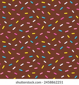 Bright sugar sprinkles seamless pattern. Chocolate background, donut glaze or birthday cake. Fun cartoon vector texture.