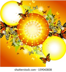bright summer abstraction with butterflies with Sunshine. vector 