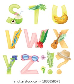 Bright Summer Alphabet with Sunny Season Attributes Vector Set