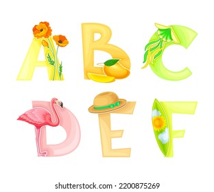 Bright Summer Alphabet with Sunny Season Attributes Vector Set