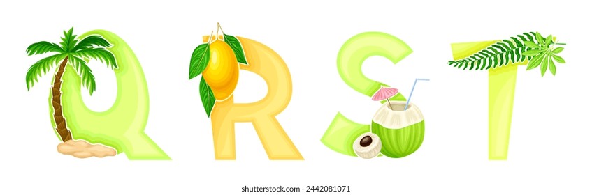 Bright Summer Alphabet with Sunny Season Attributes Vector Set