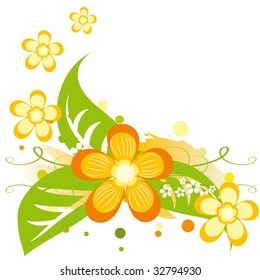 Bright summer background with abstract orange flowers. Vector illustration.