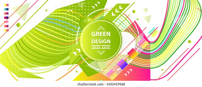 Bright summer background banner collage geometry ecology poster. Futuristic minimal geometric hipster white background. Green and yellow lines and points natural