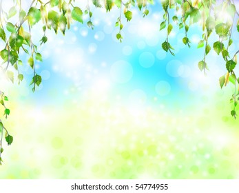 bright summer background with birch branches, copyspace for your text