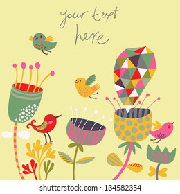 Bright summer background. Birds and flowers in cute cartoon style. Vintage vector illustration