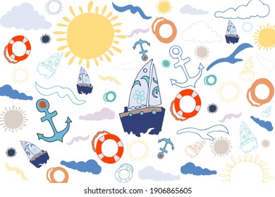 Bright summer background in doodle style, hand drawn on a white background. ship, lifebuoy, anchor, seagulls, clouds, sun. for textiles, covers, posters, postcards and more.