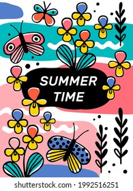 Bright summer background with elements of flowers, plants and abstract shapes. Modern graphic design. Perfect for social media, poster, cover, invitation, brochure.