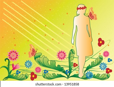 Bright summer background with flowers, butterflies and a woman silhouette