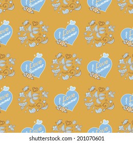 Bright summer background with flowers, butterflies, bees, ladybirds and hearts. 