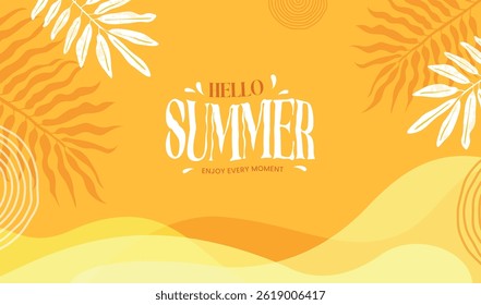Bright summer background with flowing yellow waves and tropical leaves. "Hello Summer" message in the center, creating a cheerful, sunny vibe perfect for banners, invites, and seasonal ads.