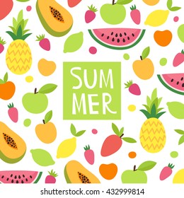 Bright summer background with fruits and berries. Tropical background with fruit and stamp.