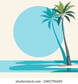 Bright summer background with palm tree and ocean, banner template with space for your text. Flat cartoon, vector. Minimalistic theme.
