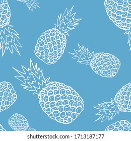 Bright summer background with pineapple and palm leaf. Vector pattern.