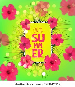 Bright summer background with pink flowers. Vector illustration
