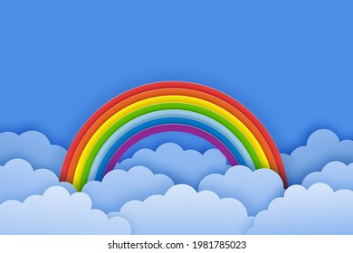 Luminoso fondo de verano con arcoiris, nubes y cielo azul. Ilustración vectorial en un estilo de corte de papel.