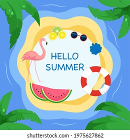 Bright summer background. Sea, flamingo, watermelon and lifebuoy. Palm leaves. Hello summer. Vector graphics
