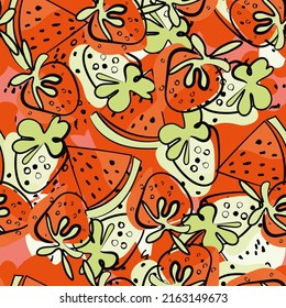 Bright summer background with strawberries and watermelon. Hand drawing. Stylized as a watercolor. The pattern is suitable for printing on children's clothes, yogurt packaging, desserts.