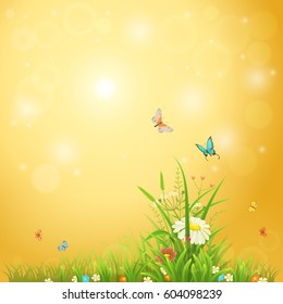 Bright summer background with sunshine, flowers, butterflies and grass