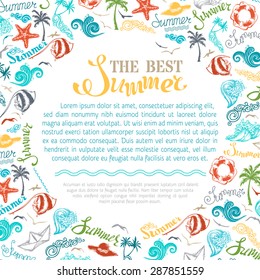 Bright summer background. Travel and vacation symbols on white background. There is place for text in the center.