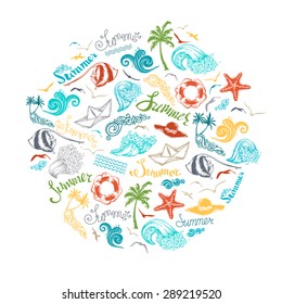 Bright summer background. Travel and vacation symbols on white background. There is place for text in the center.