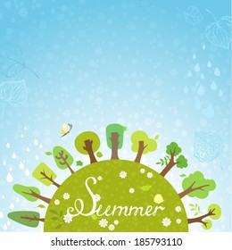 Bright summer background. Summer trees on the Earth. There are places for your text in the sky and on the Earth.