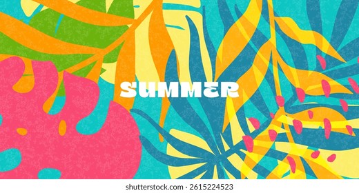 Bright summer background with tropical leaves. Rich colors, abstract style. Perfect for websites, banners, social networks and advertising materials.