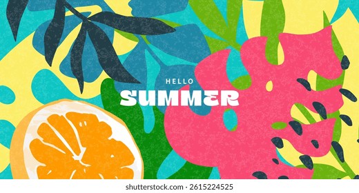 Bright summer background with tropical leaves and orange. Rich colors, abstract style. Perfect for websites, social networks and promotional materials.