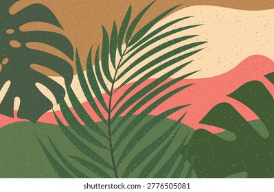 Bright summer background with tropical leaves grain texture. Rich colors, abstract style. Perfect for websites, social networks and promotional materials. 
Modern design template for summer sales. Vector.