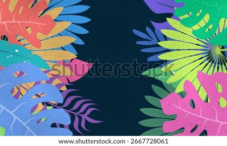 Bright summer background with tropical leaves. Rich colors, abstract style. Concept: websites, banners, social networks and advertising materials. Tropical plants with film grain and noise effect
