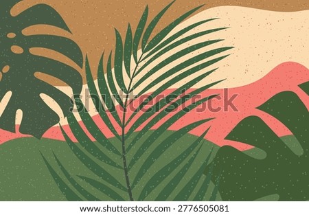 Bright summer background with tropical leaves grain texture. Rich colors, abstract style. Perfect for websites, social networks and promotional materials. 
Modern design template for summer sales. Vector.