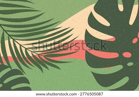 Bright summer background with tropical leaves grain texture. Rich colors, abstract style. Perfect for websites, social networks and promotional materials. 
Modern design template for summer sales. Vector.