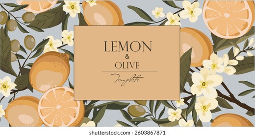 Bright, summer background with vector elements, lemons and olives