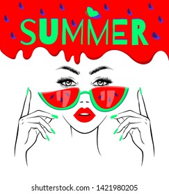 Bright summer banner with beautiful fashion woman in watermelon sunglasses, red lips, colorful nails manicure. Abstract background, fashion wallpaper. Vector illustration.