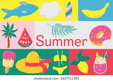 Bright Summer Banner Featuring Beach and Seasonal Fun Illustrations. A vibrant collection of illustrated summer-themed elements like sunshine, fruits, and holiday items. Celebrates the energy and joy 