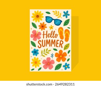 Bright summer banner with hand‑drawn lettering “Hello Summer”, flip‑flops, flowers and tropical leaves on bold blue background. Vector illustration.